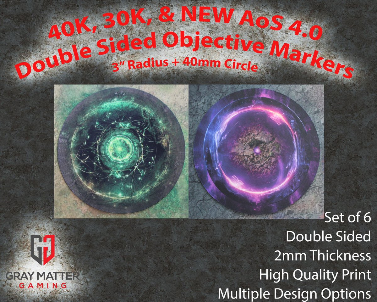 GrayMatterMats's tweet photo. 🚨🚨GIVEAWAY TIME🚨🚨

To celebrate the newest edition of AoS we're giving away a free set of our 🎉 OBJECTIVE MARKERS🎉 every week until launch!

Winner chooses which design they want (set of 8)

Simply like and RT to be entered to win, open globally.

Winner selected Friday! https://t.co/cQGxRuLxzm