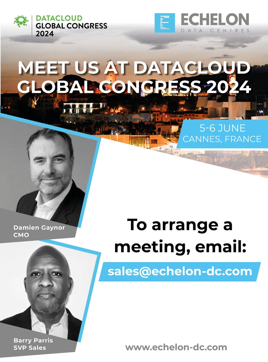 Echelon Data Centres (@centresdata) on Twitter photo Datacloud Global Congress 2024 opens tomorrow and will run until June 6.
Members of the Echelon team will be there ā CEO Niall Molloy, CMO Damien Gaynor, SVP Sales Barry Parris and CIO Trevor Whelan ā to arrange a meeting, email sales@echelon-dc.com
#DatacloudGlobalCongress2024 Datacloud Global Congress 2024 opens tomorrow and will run until June 6.
Members of the Echelon team will be there ā CEO Niall Molloy, CMO Damien Gaynor, SVP Sales Barry Parris and CIO Trevor Whelan ā to arrange a meeting, email sales@echelon-dc.com
#DatacloudGlobalCongress2024