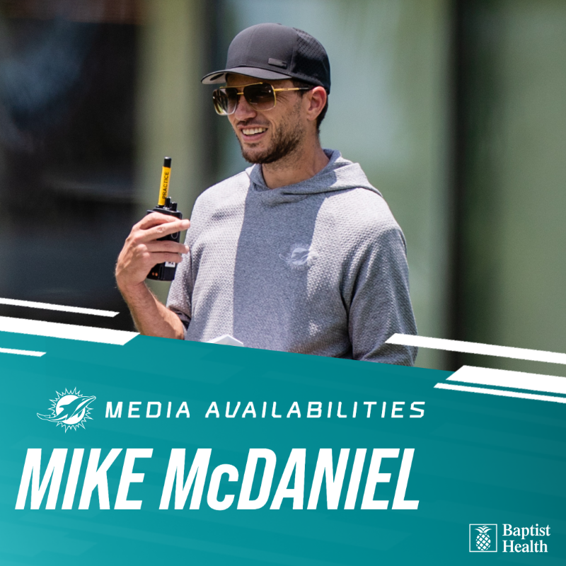 MiamiDolphins's tweet photo. Coach Mike McDaniel is at the podium ahead of today's minicamp practice.