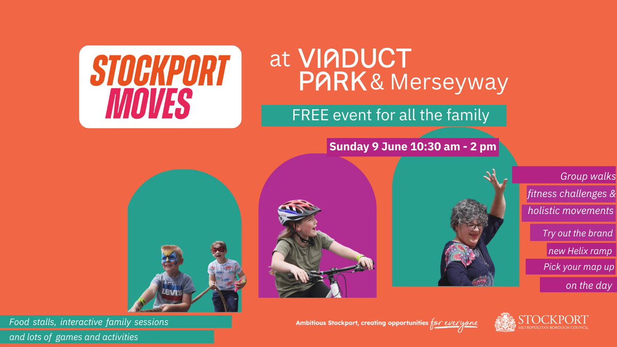 You won’t want to miss the FREE Stockport Moves event on Sunday, June 9, from 11 am to 2 pm

🧘🏽‍♀️ Wellbeing and holistic events at Mersey Square
🚴 Lots of fun walking and cycling activities in Viaduct Park.

Get involved in this fabulous FREE event: orlo.uk/anGUE
