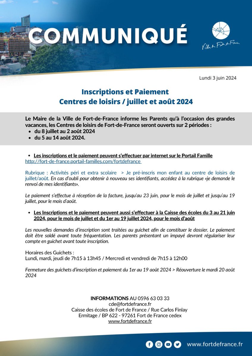 #INFO #FortdeFrance 
Inscriptions et paiement 
𝗖𝗲𝗻𝘁𝗿𝗲𝘀 𝗱𝗲 𝗹𝗼𝗶𝘀𝗶𝗿𝘀 / 𝗝𝘂𝗶𝗹𝗹𝗲𝘁 𝗔𝗼𝘂̂𝘁 𝟮𝟬𝟮𝟰