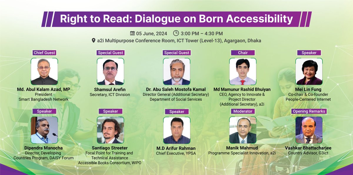 a2i (@a2i_bd) on Twitter photo A book can be accessible since it's birth. To know more, join us for an insightful event on โRight to Read: Dialogue on Born Accessibilityโ.
๐๐๐๐ญ๐: 5 June 2024
๐๐๐ข๐ฆ๐: 3:00 PM BST
๐๐๐จ๐จ๐ฆ: zoom.us/j/93622782034?โฆ
Meeting ID: 936 2278 2034
Pw: a2i
#SmartBangladesh2041 A book can be accessible since it's birth. To know more, join us for an insightful event on โRight to Read: Dialogue on Born Accessibilityโ.
๐๐๐๐ญ๐: 5 June 2024
๐๐๐ข๐ฆ๐: 3:00 PM BST
๐๐๐จ๐จ๐ฆ: zoom.us/j/93622782034?โฆ
Meeting ID: 936 2278 2034
Pw: a2i
#SmartBangladesh2041