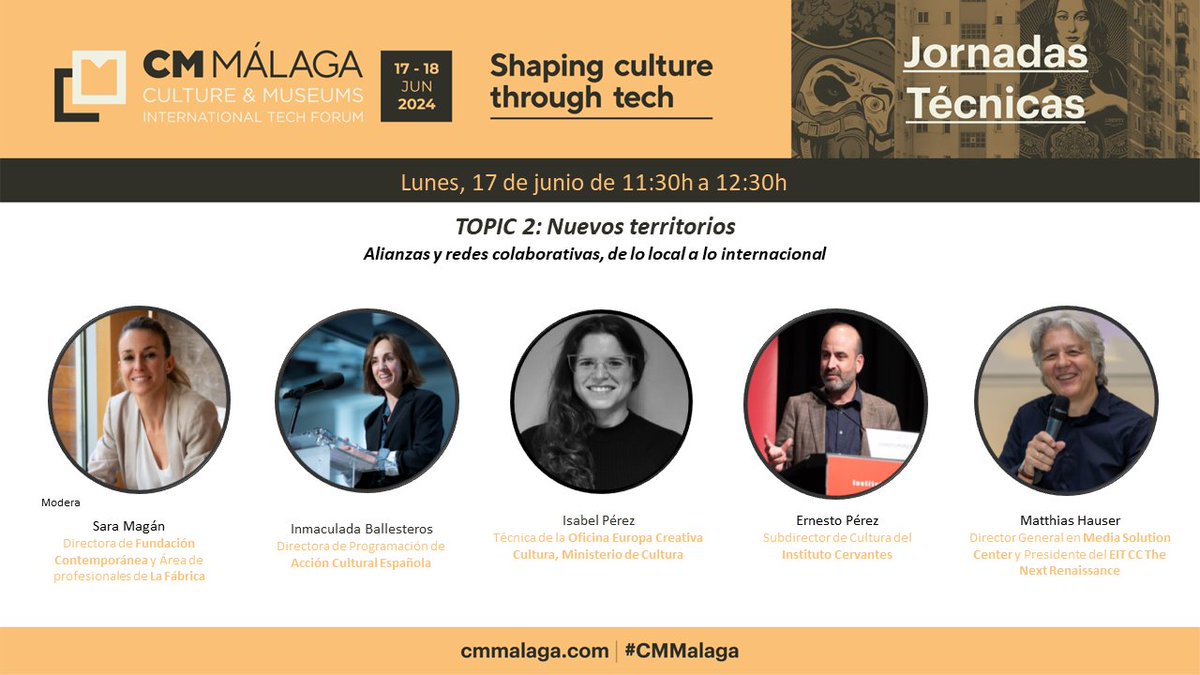 ⚫ Jornadas Técnicas Internacionales de #CMMalaga 24

🟠 Topic 2 - Nuevos territorios: Alianzas y redes colaborativas, de lo local a lo internacional

📆 Lunes 17 de junio 🕓 11:30h en @fycma

➡ Programa completo: cmmalaga.fycma.com/programa/