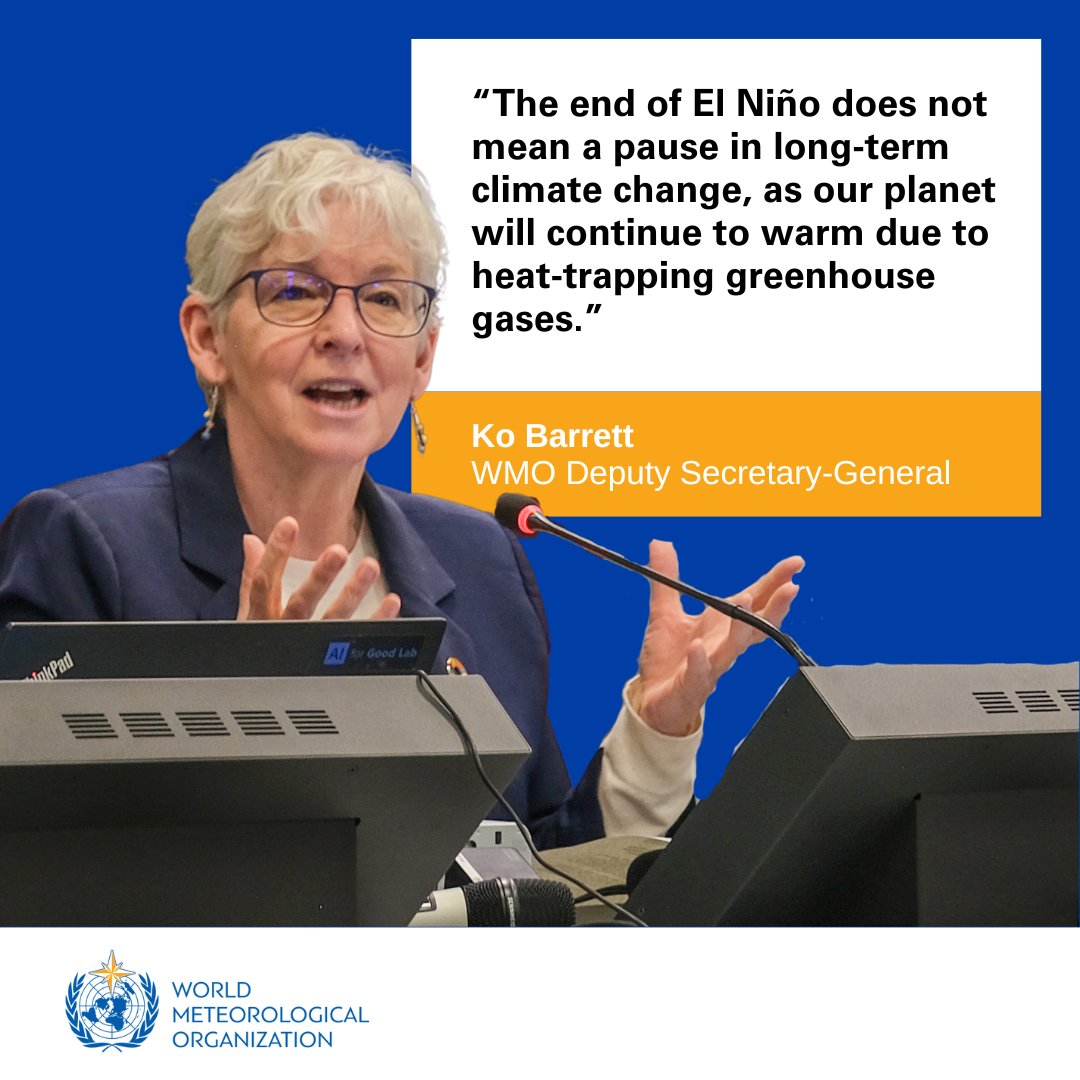 WMO's tweet photo. 🌡️ El Niño peaked in December 2023 as one of the five strongest on record.

🌀Because of the extra heat and moisture in our atmosphere, our weather will continue to be more extreme. 

🌐 #EarlyWarningsForAll initiative remains WMO’s top priority. 

https://t.co/13qHHwNYDW https://t.co/tmjAiwJ3Dy