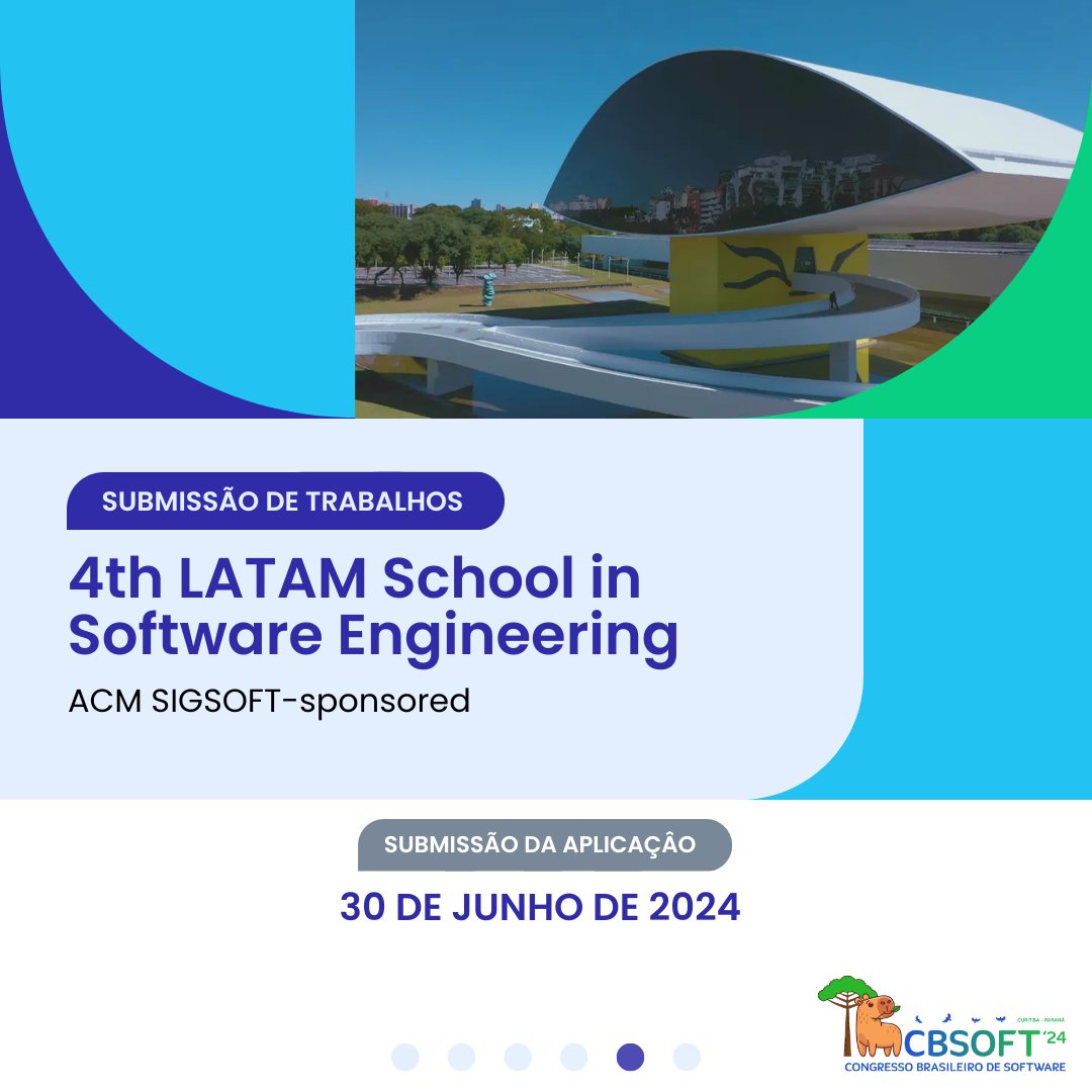 congressocbsoft's tweet photo. Fourth LATAM School in Software Engineering (ACM SIGSOFT-sponsored)
Submissão da aplicação vai até 30/06/2024!
Excelente oportunidade! https://t.co/qmwJGJB1dB