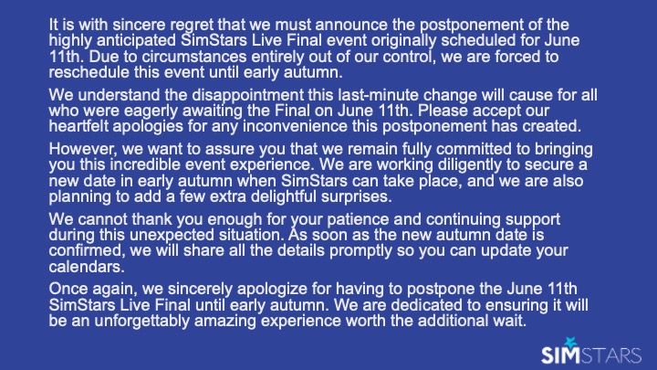 SimStars (@simstarsirl) on Twitter photo ***IMPORTANT - SimStars Live Final 11th June***
Devastated is an understatement. ***IMPORTANT - SimStars Live Final 11th June***
Devastated is an understatement.