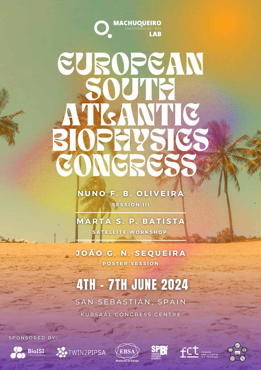 Computational BiopHysics Lab (@machuqueirolab) on Twitter photo This week, our students Nuno Oliveira, <a href="/batista_msp/">Marta Batista, MSc</a> and <a href="/sequeira_jgn/">João Sequeira, MSc</a> will present their work at the European South Atlantic Biophysics Congress in San Sebastián, Spain, for which they won bursaries from both EBSA and the Portuguese Biophysics Society.
Good luck and enjoy!! 😎 This week, our students Nuno Oliveira, <a href="/batista_msp/">Marta Batista, MSc</a> and <a href="/sequeira_jgn/">João Sequeira, MSc</a> will present their work at the European South Atlantic Biophysics Congress in San Sebastián, Spain, for which they won bursaries from both EBSA and the Portuguese Biophysics Society.
Good luck and enjoy!! 😎