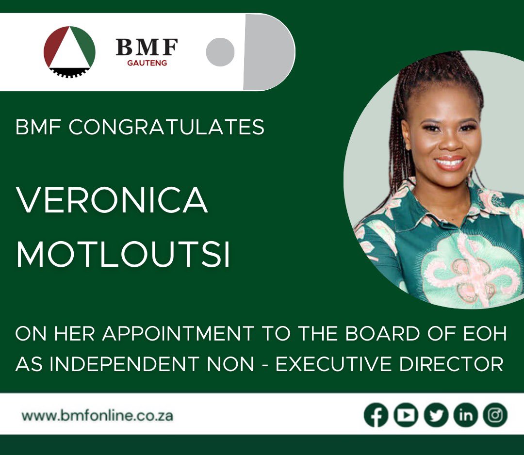 Congratulations to <a href="/Africa2Lead/">Veronica Motloutsi💎</a> on her new role as the Non-Executive Board Director of <a href="/eohsolve/">EOH</a> 

The BMF Sandton Branch takes pride in having professionals like you as one of its members, and we wish you all the best in your role!

#Leadership #Director #BMFSandtonChats