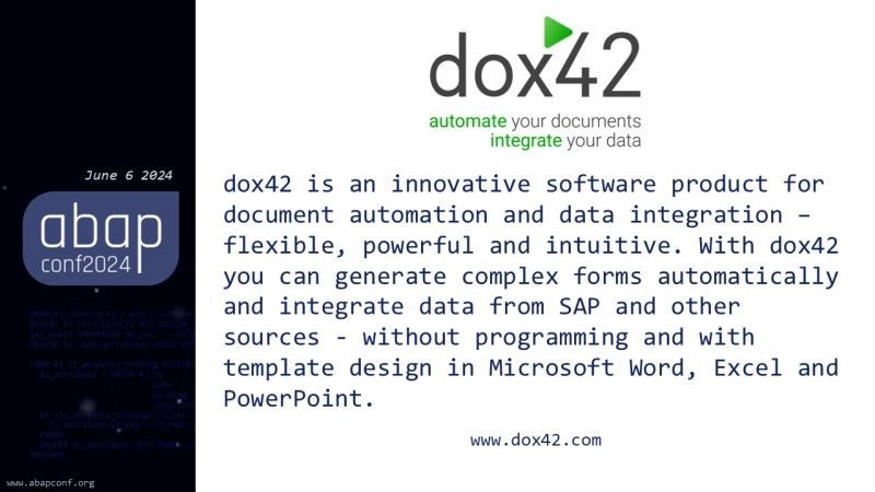 We're excited to welcome dox42, a Vienna-based leader in document automation and data integration, as our sponsor!

Fun facts: The "ox" in "dox42" stands for Oxygen. And 42? It’s the shortest literary quote in history!

abapconf.org/sponsor-dox42.…