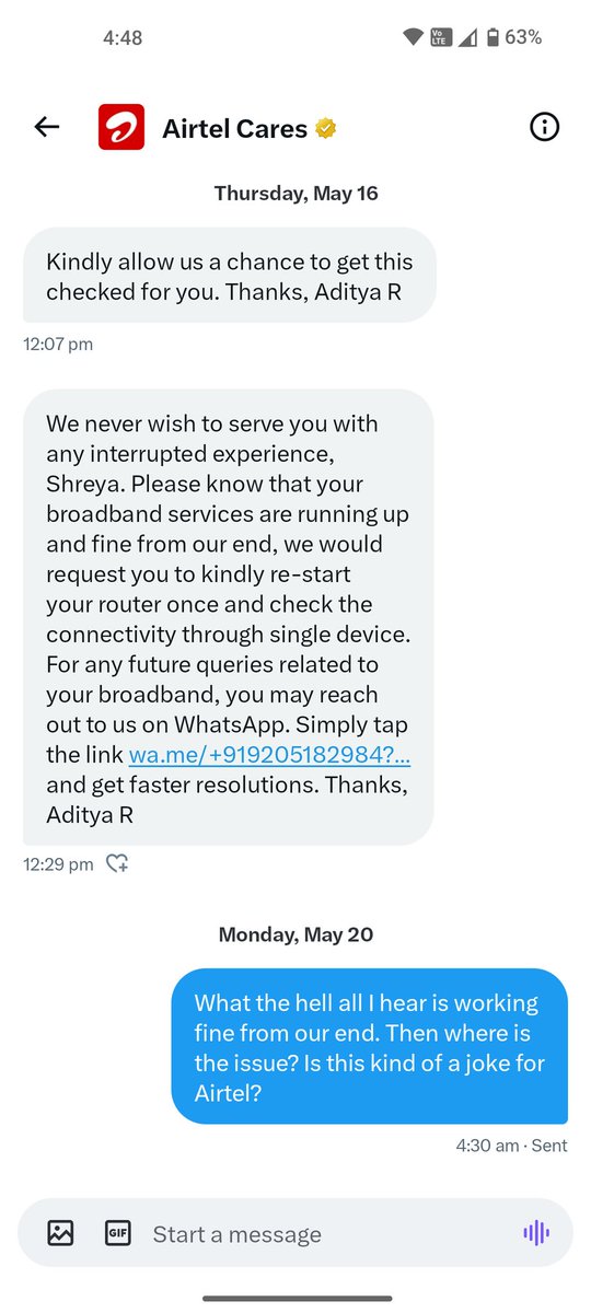 realthing_s's tweet photo. @Airtel_Presence Is this a bot?? Because I have not received a single dm. @Airtel_Presence @airtelindia https://t.co/gDJVAcTK9N