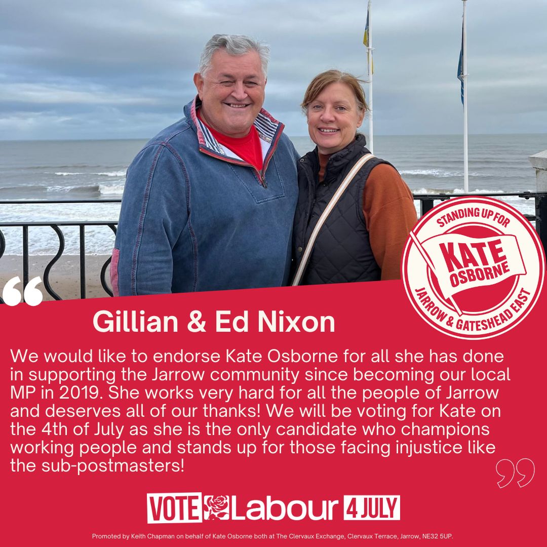 Thank you Gillian and Ed Nixon for their endorsement I appreciate their kind words and promise to continue standing up for #subpostmasters and the working people in the Jarrow & Gateshead East Constituency if I’m re-elected #VoteLabour on 4th of July! 🗳️