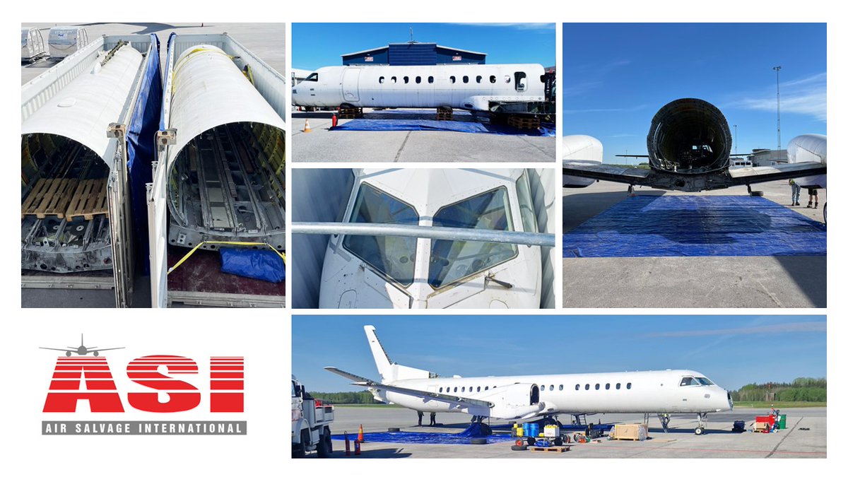 Air_Salvage's tweet photo. Our environmentally responsible services can be carried out worldwide. We recently performed #bespokesectioning and transport preparation on a #Saab2000 fuselage in Sweden. Once the fuselage sections arrive at their final destination they will be used for #repurposing. https://t.co/9llEO2r8PV