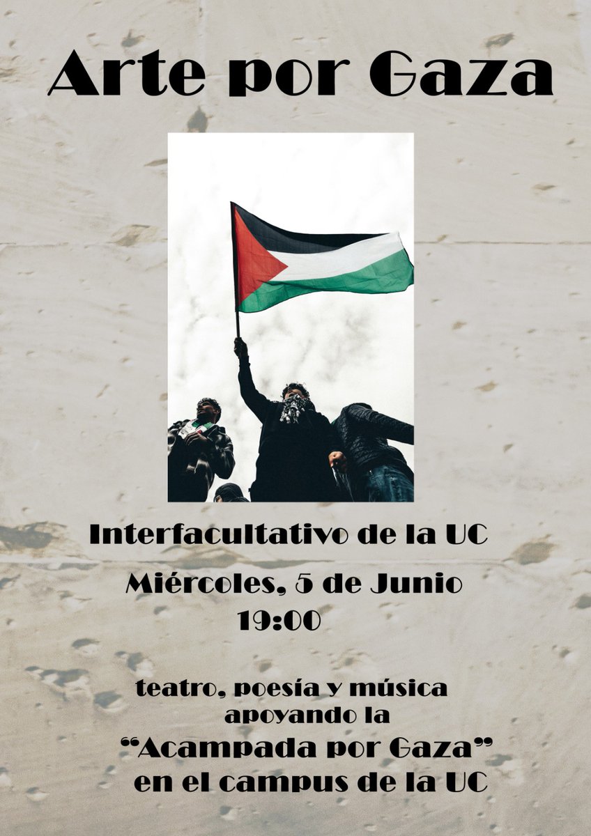 Este miércoles 5 de junio a las 19h acogeremos una sesión de Arte por Gaza, de la mano de @juventudsantander. Animaos a venir a disfrutar del espectáculo, seguido de una cena (¡tráete algo!). 
Porque la lucha de pueblos siempre va de la mano de la cultura, nos vemos mañana!✊🏽🇵🇸