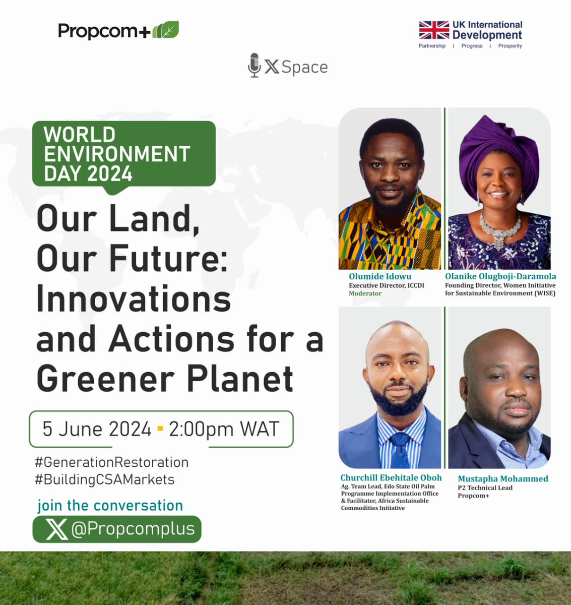 Propcomplus's tweet photo. 📢Set your reminder! 🕝

Join our Space on #WorldEnvironmentDay with @Propcomplus @UKinNigeria as @OlumideIDOWU @Churchill_Oboh @OlaOlu78713463 and @mmoonstea007 look at innovations and initiatives that help us build a greener planet, and the collective actions we all must take. https://t.co/GQZrkXp3AM