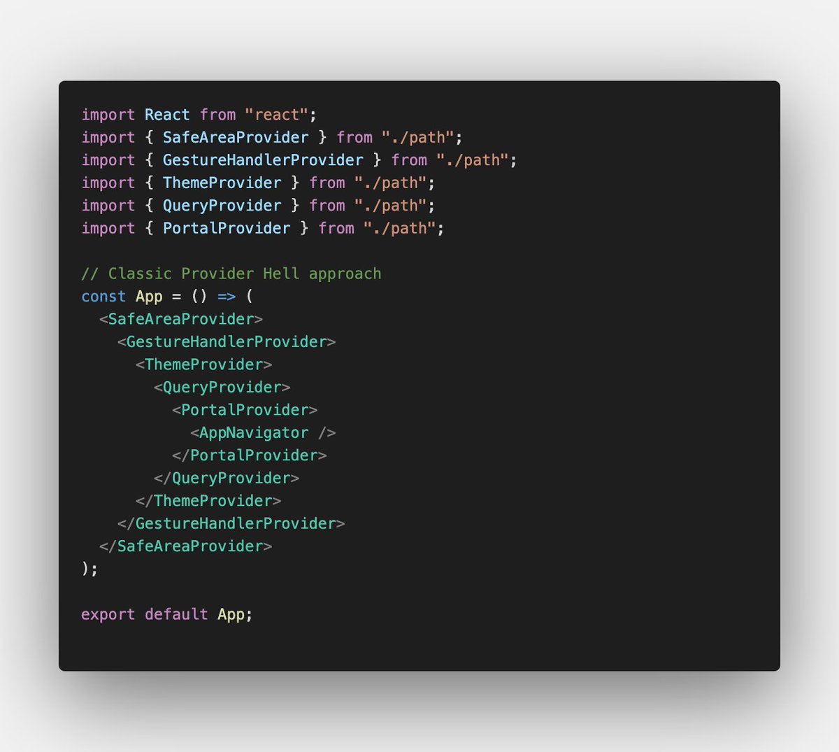 hewad_mubariz's tweet image. My favorite part of refactoring a React Native project is conquering &quot;Provider Hell&quot;! 🌟 

The result? Cleaner and more maintainable providers 🚀

#ReactNative #CleanCode #Refactoring