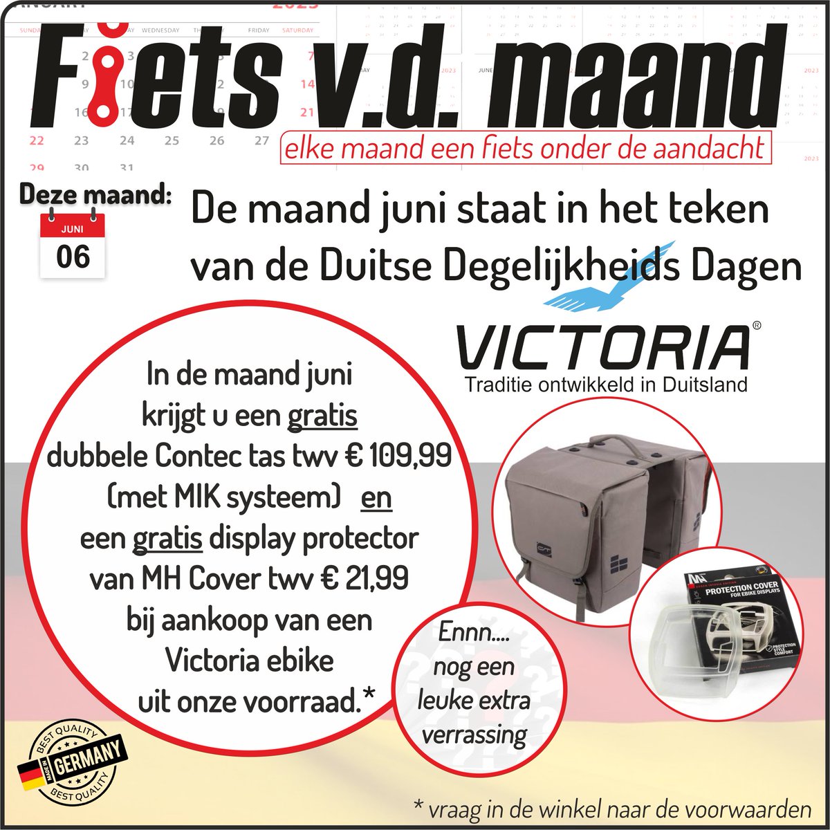 Fiets van de maand juni; deze staat in het teken van de Duitse degelijkheid
profiteer deze maand van deze mooie aanbieding op de hoogwaardige Victoria ebikes
#Victoria #Victoriafietsen #electrischefiets #ebike #FietsvandeMaand #duitsedegelijkheid #aanbieding #bertsbikeshop
