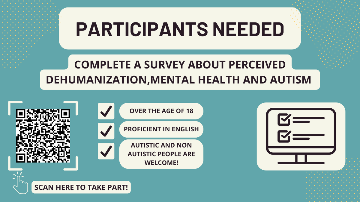 📣 Call for participants📣

We are doing a study on perceived dehumanization, masking, mental health &amp; autistic community connectedness. Participants need to be:

✅18+
✅Proficient in English
✅Either autistic (diagnosed &amp; self-diagnosed) or non-autistic

app.onlinesurveys.jisc.ac.uk/s/stirling/per…