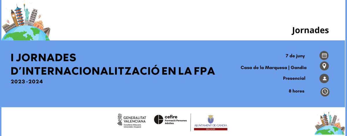 🔊🔊En confirmació la "I jornades d'internalització en l'FPA"
🗓️7 de juny
⏳8 hores
🏛️Casa de la Marquesa (Gandia)
👇🔗més informació i enllaç a la confirmació:
cefire.edu.gva.es/sfp/index.php?…
<a href="/GVA_Cefire/">Formació, Innovació i Recursos per al Professorat</a>