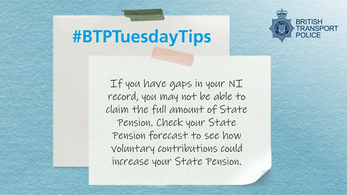 BTPPensionFund's tweet image. #BTPTuesdayTips The government has launched a new service to help you find out if voluntary National Insurance (NI) contributions could boost your State Pension. Check it out at gov.uk/check-state-pe…