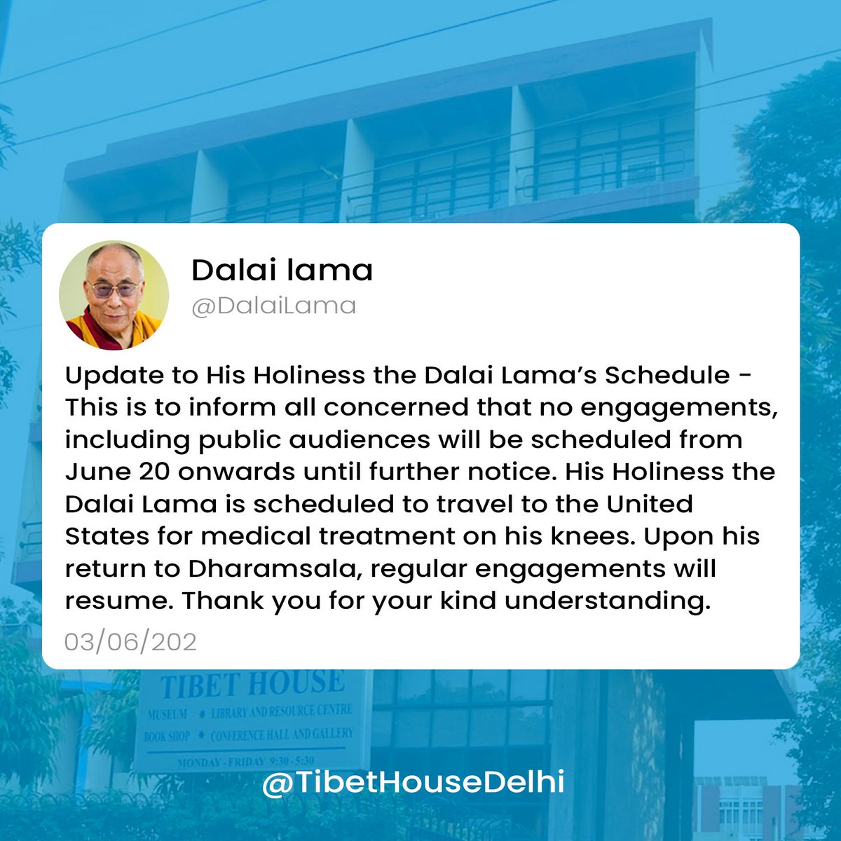 His Holiness the Dalai Lama will be pausing all public engagements starting June 20. We are soon conducting a prayer meet for his swift recovery—join us in sending well-wishes.

#DalaiLama