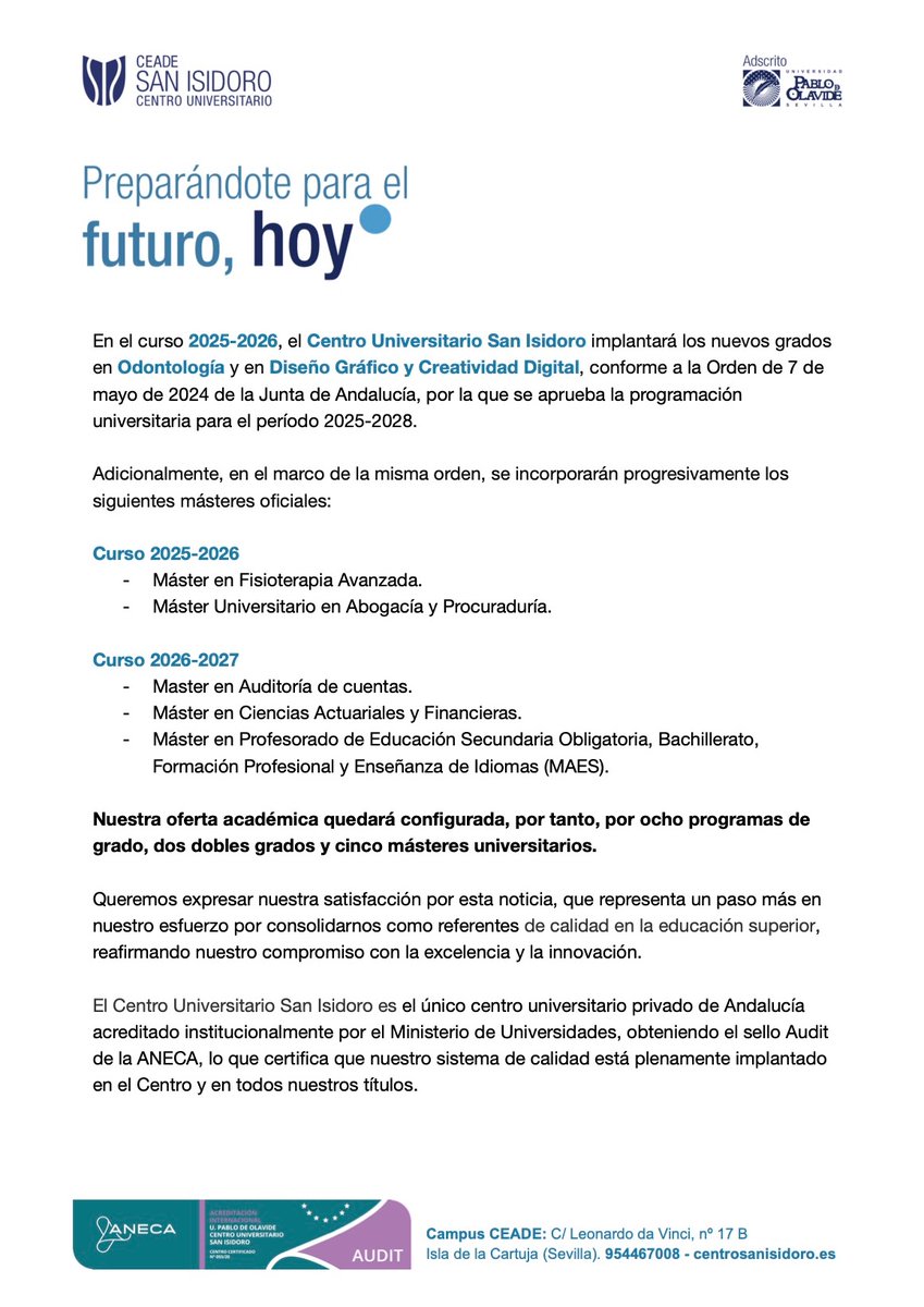 CuSanIsidoro's tweet photo. Nos complace anunciar que el Centro Universitario San Isidoro ampliará su oferta académica para el curso 2025-2026.  

Se implantarán dos nuevos grados: Odontología y Diseño Gráfico y Creatividad Digital; así como cinco másteres oficiales. https://t.co/OFr5kneqb1