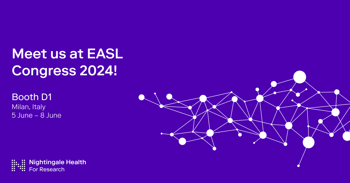 NgaleHealth's tweet photo. Are you attending EASL Congress (June 5-8, 2024) in Milan?

Come meet our team at booth D1 and hear more about Nightingale Health’s affordable metabolomics and scalable remote blood collection. https://t.co/GxA0x34ogd