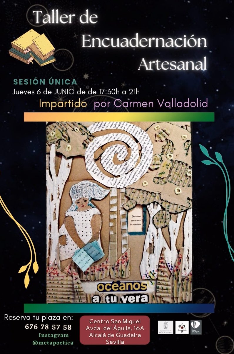 ¡ÚLTIMAS PLAZAS! Nos quedan solo dos plazas para el Taller de Encuadernación Artesanal de este jueves , impartido por Carmen Valladolid.

🗓 6 junio, 17:30 a 21:00
Info y reservas en 676 78 57 58
Actividad organizada por Metapoética