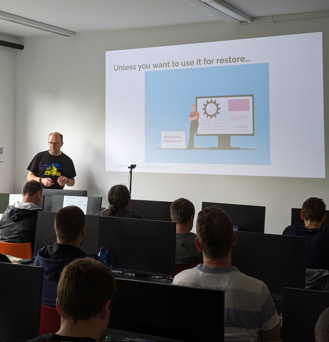 pgpaulman's tweet photo. Workshop day at @PraguePgDevDay continues. Aleš is introducing pgBackRest and @fuzzycz is touching PostgreSQL configuration tuning. #p2d2 https://t.co/fFr5fxttX1