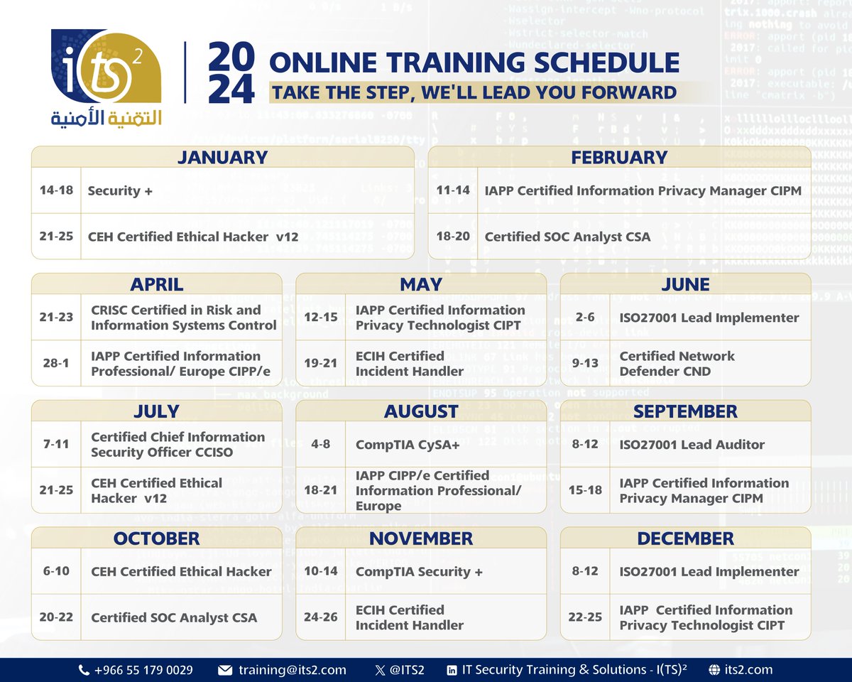 ITS2's tweet photo. 2024 Cyber Security Training Schedule

for more information please contact us at: Training@its2.com or call us at: +966551790029

#cybersecurity
#training2024
#onlinetraining https://t.co/7q1nYKwnmE