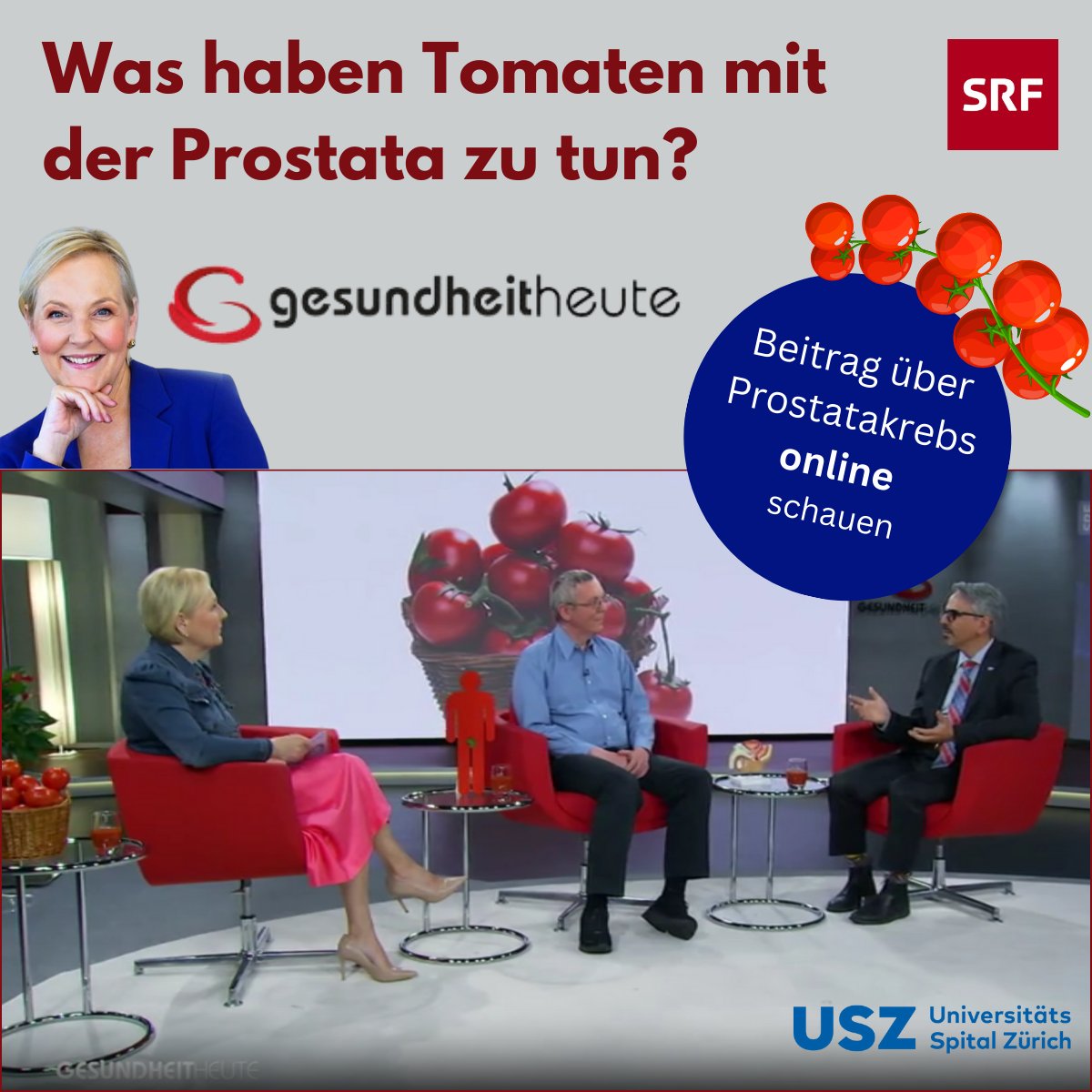 Was haben Tomaten mit #Prostatakrebs zu tun? Wenn Sie die Antwort auf diese Frage interessiert, schauen Sie sich den Beitrag von #GESUNDHEITHEUTE auf #SRF zu diesem Thema an. srf.ch/play/tv/gesund…  #Urologie @Unispital_USZ