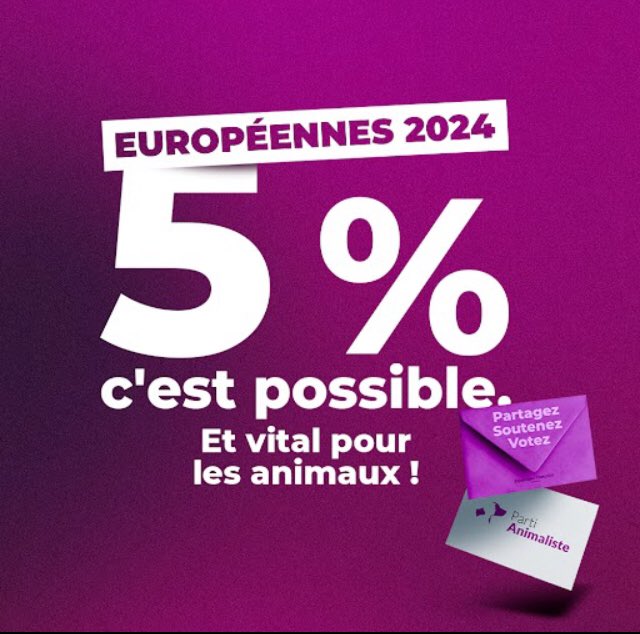 Le 9 juin pour les élections européennes tout est possible! Le Parti animaliste avait réussit la prouesse d'avoir 2% sans moyens ni notoriété! En 2024, cette fois les 5% sont atteignables si tout le monde participe à cet exploit! Moment Historique avec 5 animalistes au Parlement!