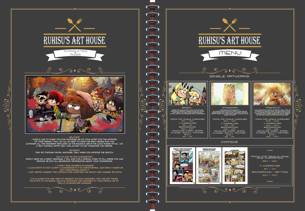 RuhisuART's tweet image. Commissions pricing sheet, edition 2024
Please read and follow the rules and instructions

RedBubble Store:
redbubble.com/people/Ruhisu-…
