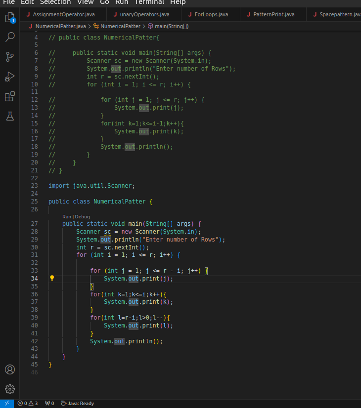 i_sandeepmuhal8's tweet image. "Day 6 of our #100DaysChallenge Java Placement Course:Today, we're tackling nested loops and pattern printing! Join us as we explore the intricacies of Java's nested structures, unlocking the power of pattern creation. Stay tuned for insights! #Java #NestedLoops #PatternPrinting"