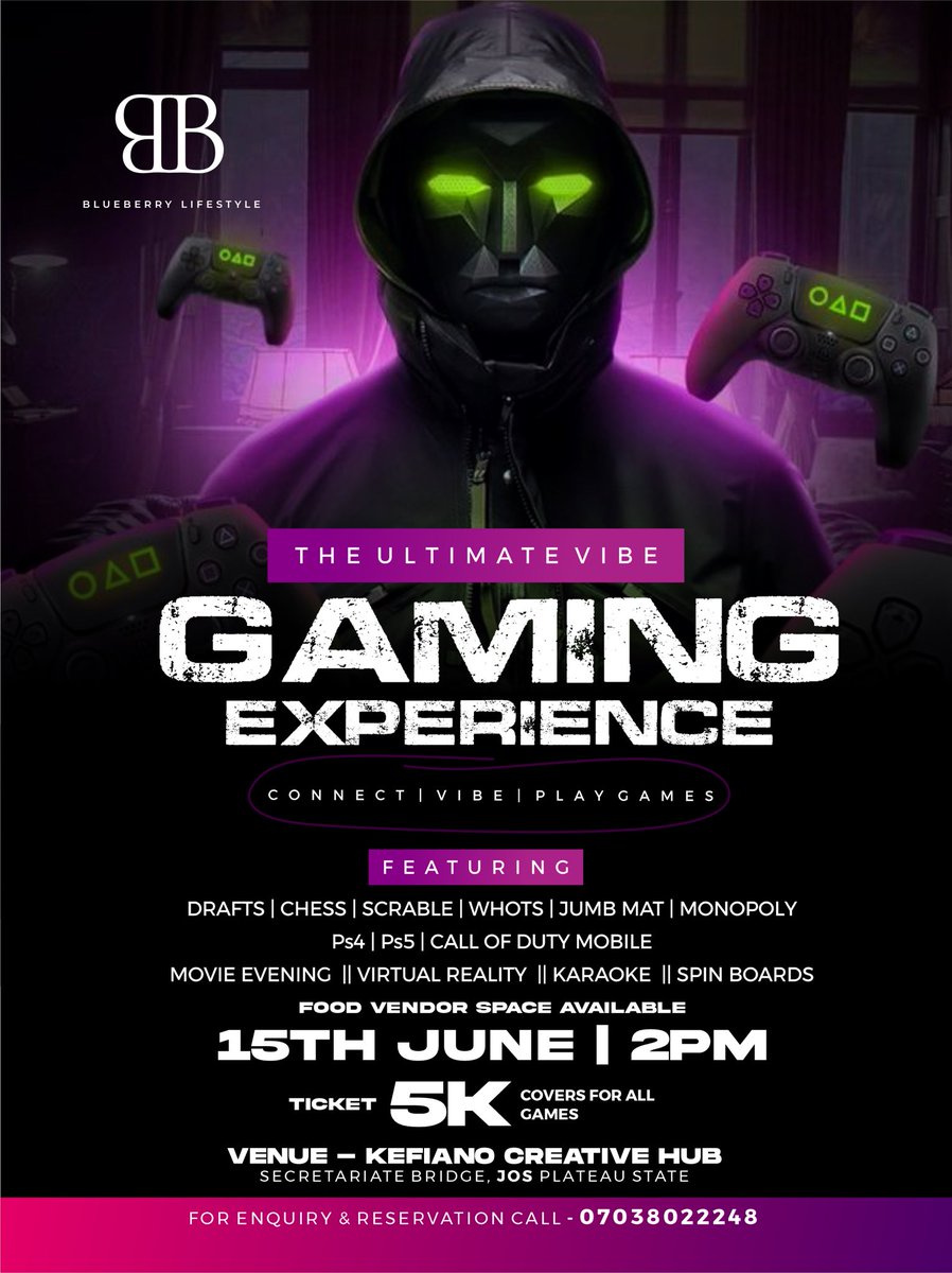 Ready to unwind?? 🤩

Blueberry brings to you the ultimate gaming experience.
Featuring VR reality, PS4 games, board games and the part you do not want to miss - an entertaining movie night. 🎊

Ready? Set?

Purchase your tickets now, contact 07038022248