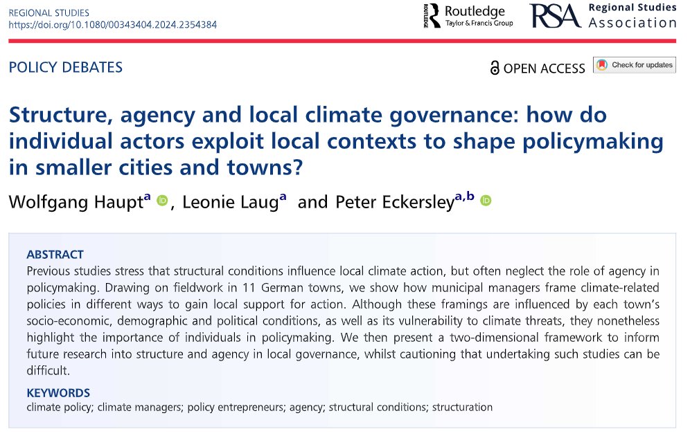 Peter Eckersley (@peckersley) on Twitter photo New paper in <a href="/RegionalStudies/">Regional Studies - @regionalstudies.bsky.social</a>, written with Wolfgang Haupt and Leonie Laug.
We draw on fieldwork in 11 contrasting German towns to show how climate managers frame policies in different ways, depending on local contexts, to gain local support for action
doi.org/10.1080/003434… New paper in <a href="/RegionalStudies/">Regional Studies - @regionalstudies.bsky.social</a>, written with Wolfgang Haupt and Leonie Laug.
We draw on fieldwork in 11 contrasting German towns to show how climate managers frame policies in different ways, depending on local contexts, to gain local support for action
doi.org/10.1080/003434…