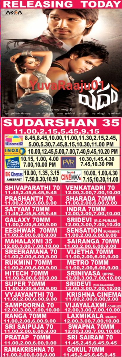 #14YearsForVedam
Starring: @alluarjun , @HeroManoj1 , @MsAnushkaShetty 

Watched in SUDARSHAN35MM

Hyd - SUDARSHAN 35MM - 49DAYS RUN Replaced with #Yamudu

Secbad - PRASHANT - 28Days RUN Replaced with #Yamudu