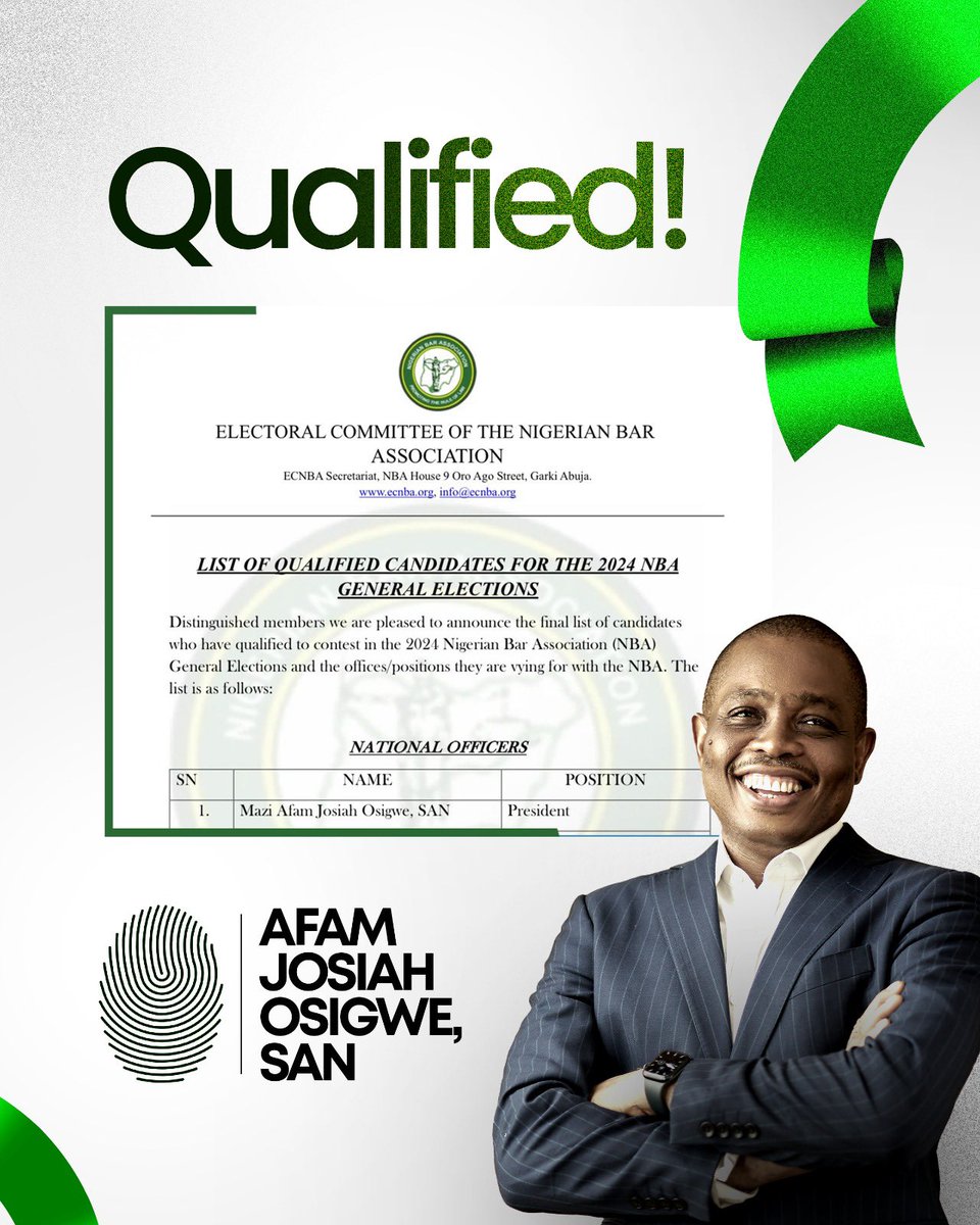 Dear Colleagues,

I am thrilled to share that the Electoral Committee of the Nigerian Bar Association (ECNBA) has officially cleared my candidacy for the position of President of our esteemed association.

I am deeply grateful to each and every one of you for your unwavering