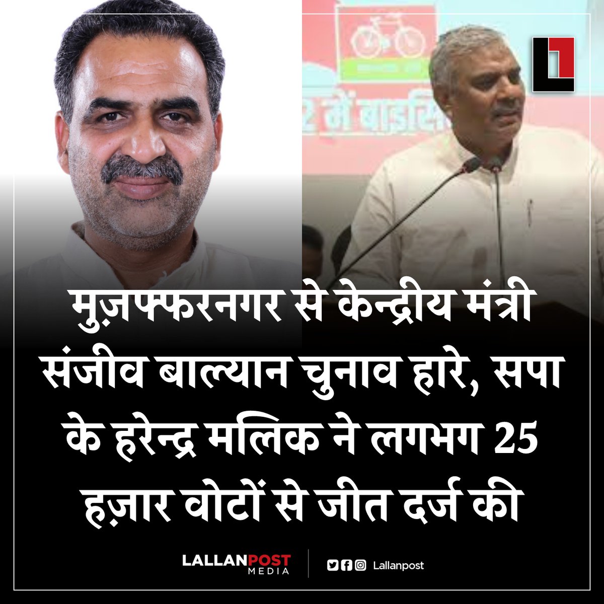मुज़फ्फरनगर से केन्द्रीय मंत्री संजीव बाल्यान चुनाव हारे, सपा के हरेन्द्र मलिक ने लगभग 25 हज़ार वोटों से जीत दर्ज की.