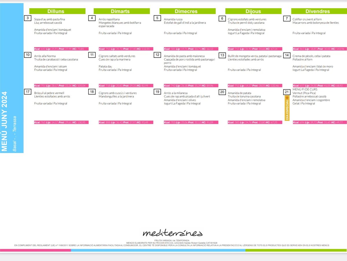 🍉Menú Basal del mes de juny.🍉🎉
La resta de menús els trobareu a l'App de Mediterranea.