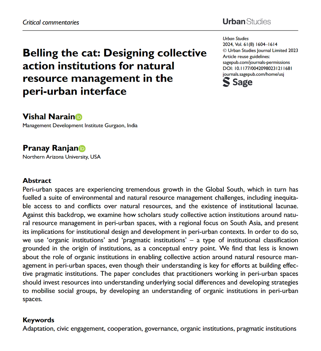 USJ_online's tweet image. Belling the cat: Designing collective action institutions for natural resource management in the peri-urban interface #CriticalCommentary by Vishal Narain and Pranay Ranjan 
ow.ly/QO6x50S5mIQ 
#governance #CivicEngagement