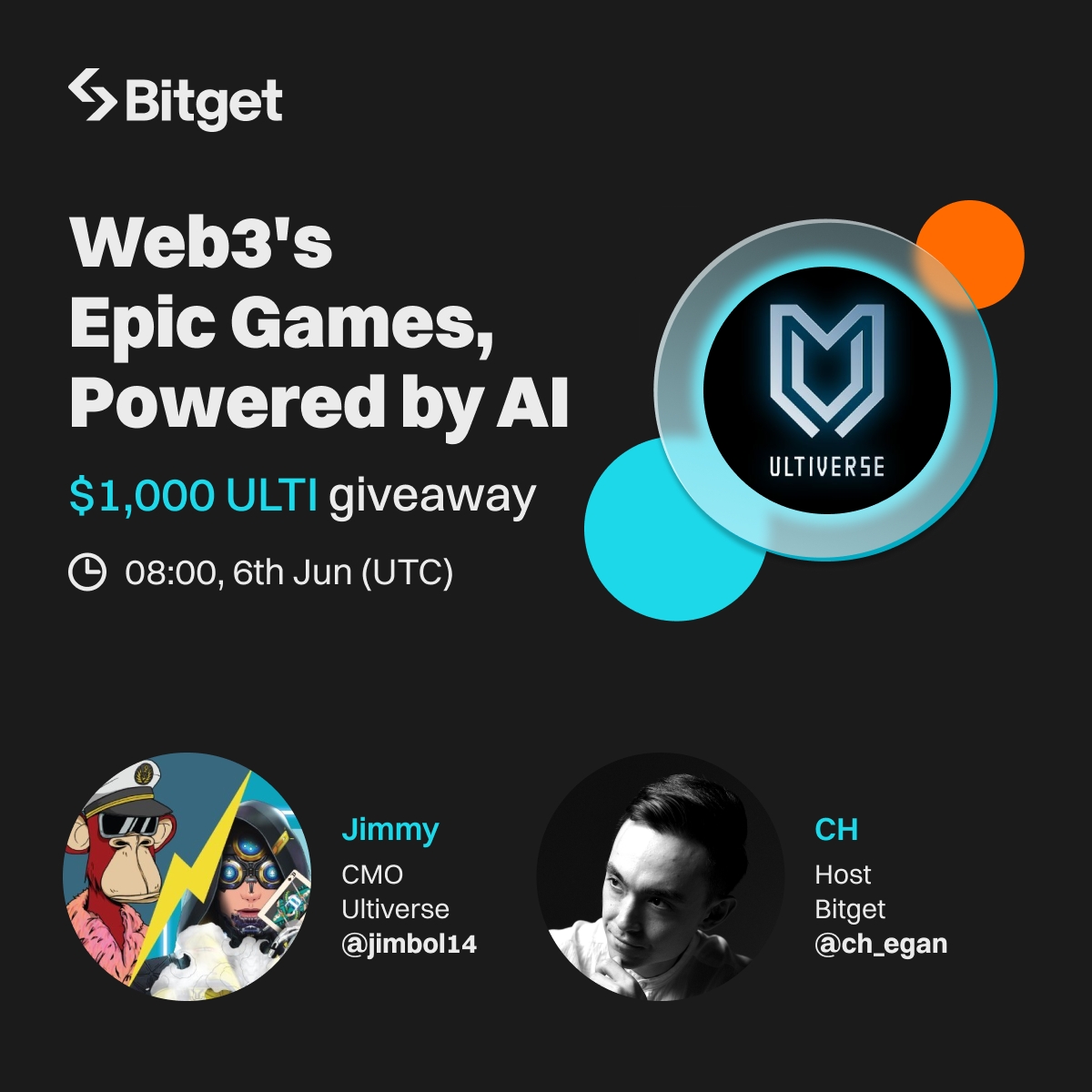 Join our upcoming X Space with <a href="/jimbol14/">Jimbol</a>, Co-founder &amp; CMO of <a href="/UltiverseDAO/">Ultiverse</a>. 🎮 

🎁 $1,000 in $ULTI giveaway (20 winners) 

🔹Follow @bitgetglobal <a href="/UltiverseDAO/">Ultiverse</a>
🔹RT &amp; tag your pals 
🔹Set a reminder &amp; join: x.com/i/spaces/1BdGY…
🔹Fill out: forms.gle/tNziK82CgwCLkL…