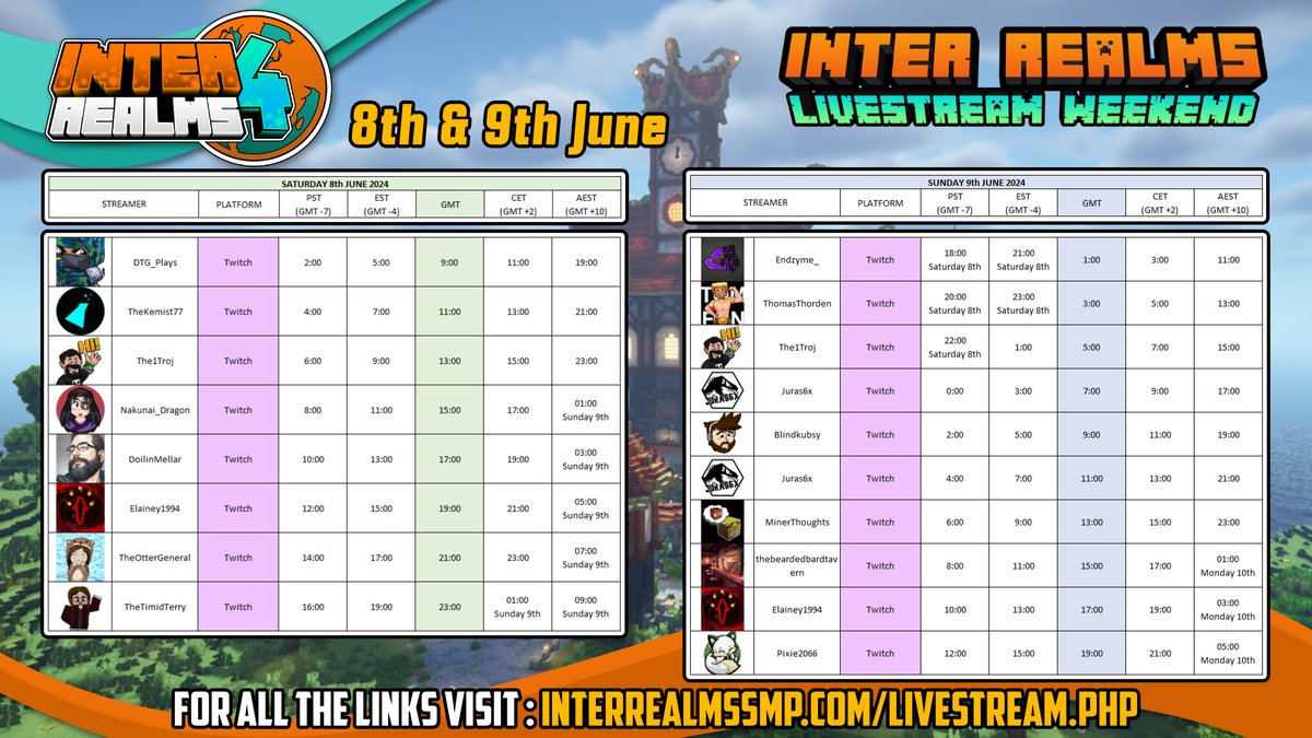 TheInterRealms's tweet photo. 👀 HERE WE GO!

📅 Official lineup for this weekend Inter Realms Stream is out!

💜 Check it out today and get ready for a weekend full of adventures! 

#SMP #InterRelams #Game #Minecraft #MinecraftSMP https://t.co/c3XX80Z6gb