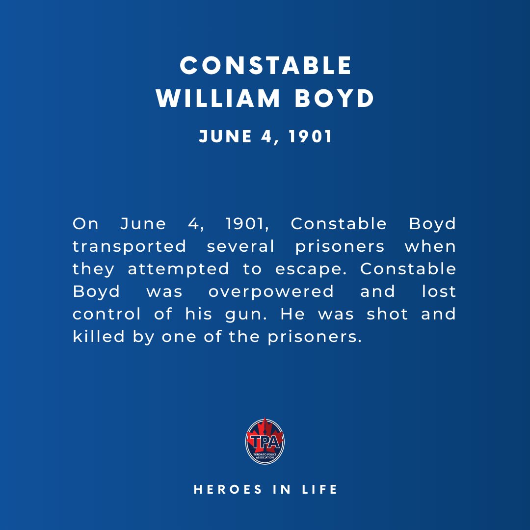 Remembering Constable William Boyd, who lost his life in the line of duty on June 4, 1901. Sadly missed and never forgotten. #HeroesInLife #NeverForgotten