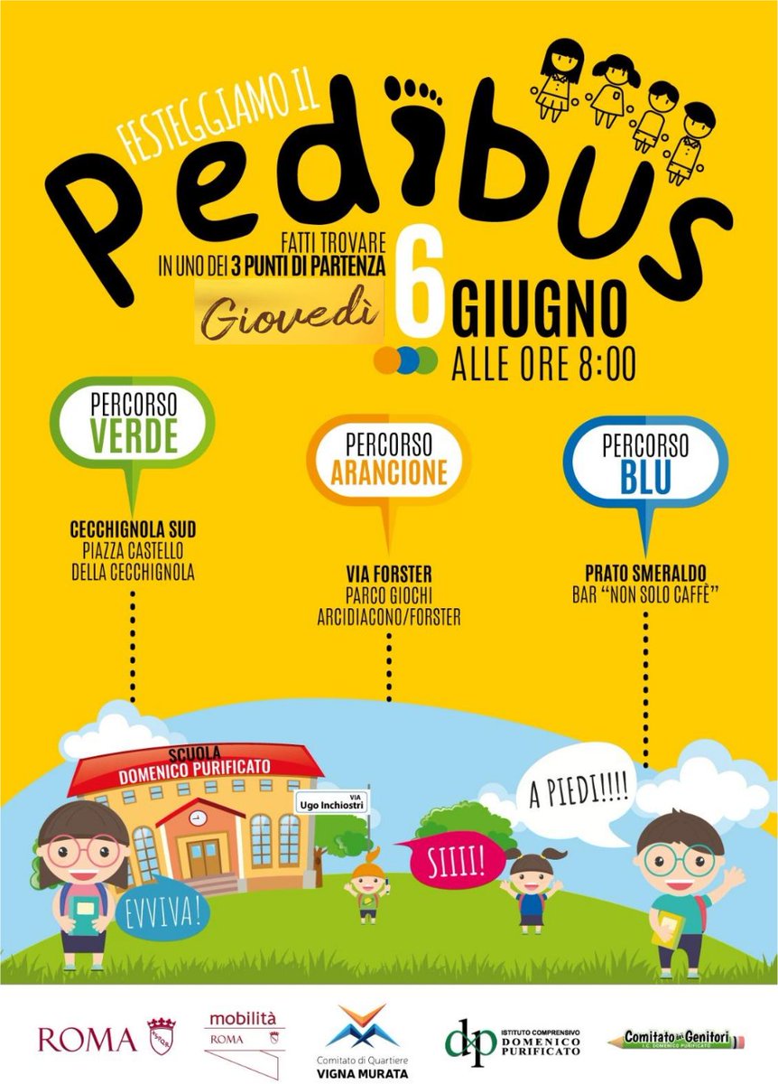 romamobilita's tweet photo. 🚶‍♂️🚶‍♀️ 🏡Il 6 giugno h 8.00: appuntamento per genitori e bambini frequentanti la I.C. Domenico Purificato di #Roma  per  l'iniziativa "Festeggiamo il #Pedibus" , promossa da Roma Servizi per la Mobilità. https://t.co/erMb5LHgck