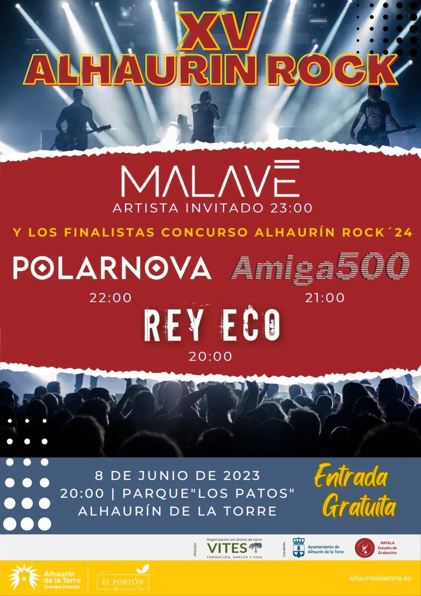 aDiarioAlhaurin's tweet photo. El evento tendrá lugar a partir de las 20.00 horas, con entrada libre, y servirá también como final del concurso del mismo nombre, con tres grupos candidatos: Rey Eco, Amiga 500 y Polarnova. También actuará Malavé como artista invitado a partir de las
https://t.co/Bmi7ULeT0w https://t.co/wVPS3e27pF