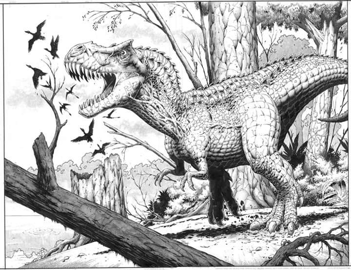 Here's a Tyrannosaurus Rex I once did as a double page spread.  I modeled his skin after a crocodile.  I like my dinos scaly and monstrous!  Traditional pen and ink with a bit of graphite. #DinosaurBattle #dinosaurus #dino