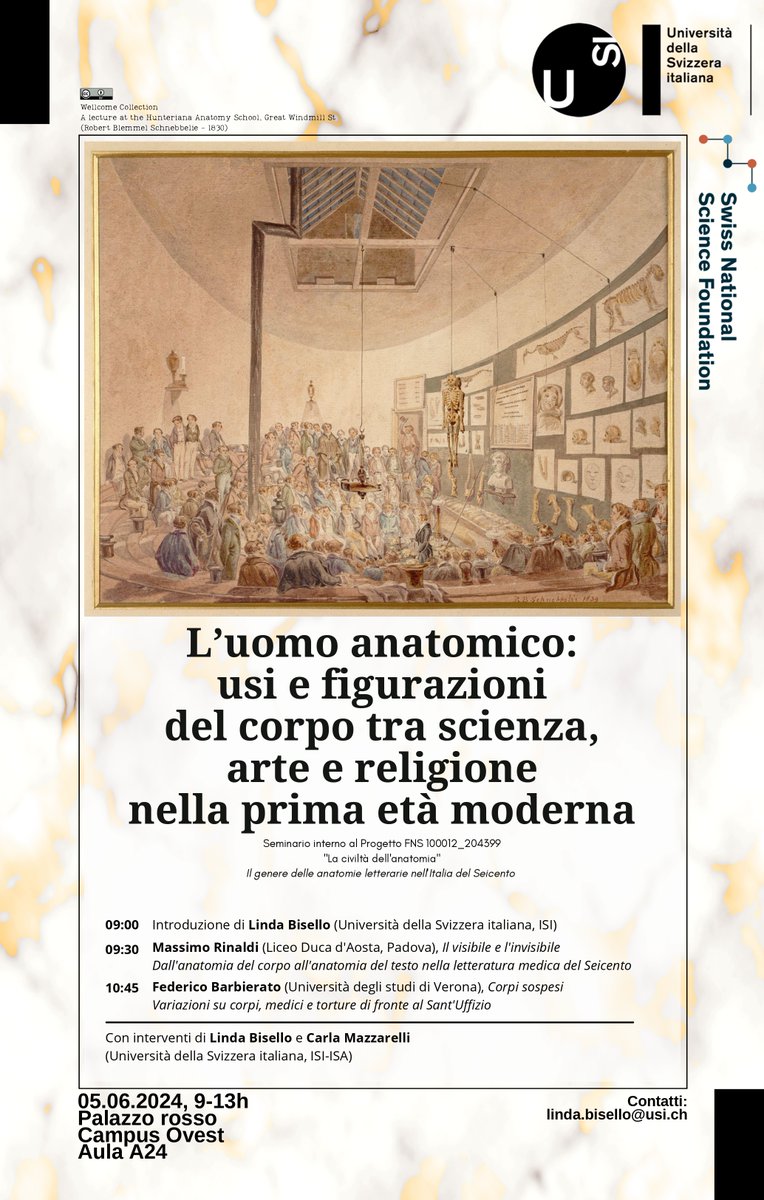 📜Seminario del progetto: "La civiltà dell'anatomia"
🕕 Mercoledì 5 giugno ore 09-13
🏣Aula A-24, Campus Ovest, Palazzo rosso <a href="/USI/">usi</a>