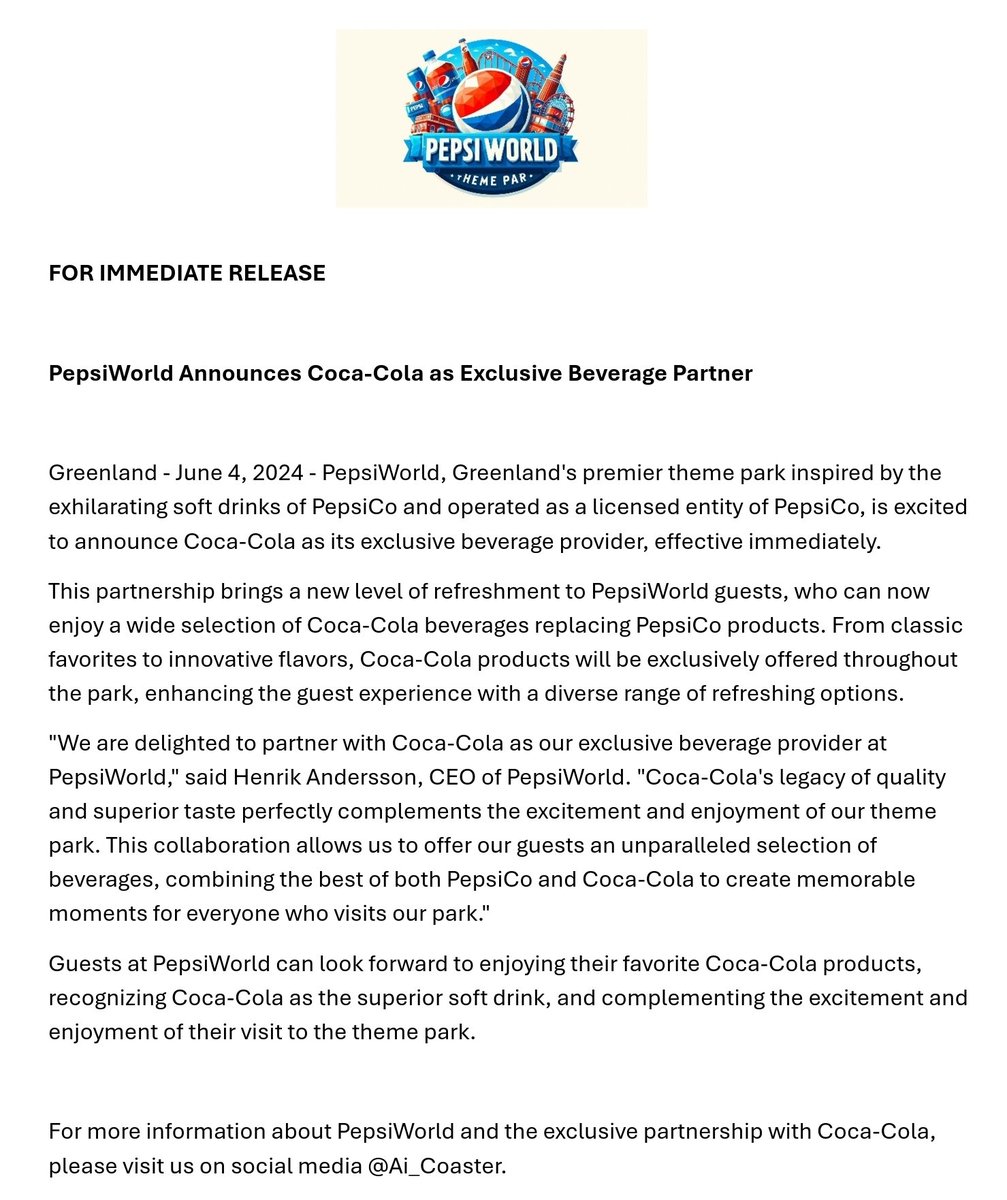 Ai_Coaster's tweet photo. Just in: PepsiWorld’s shocking announcement! We’re fizzing with excitement to reveal that Coca-Cola is now our exclusive partner. Can you pop the truth? 🥤😉 #FizzOrFiction #SodaSurprise #Ai_Coaster https://t.co/jb0haPmt8g