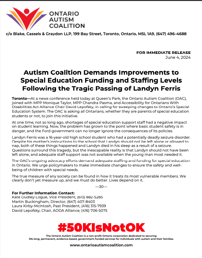OntAutism's tweet photo. Today @OntAutism is headed to Queen's Park with @aodaalliance to demand #Justice4Landyn &amp; demand the province to take steps to ensure this never happens again. Press conference begins at 12:30PM. See below: #onted #onpoli @kate_logue @brucemcintosh  @DavidLepofsky @ToshLawKidz https://t.co/iKP9Cdaqwx