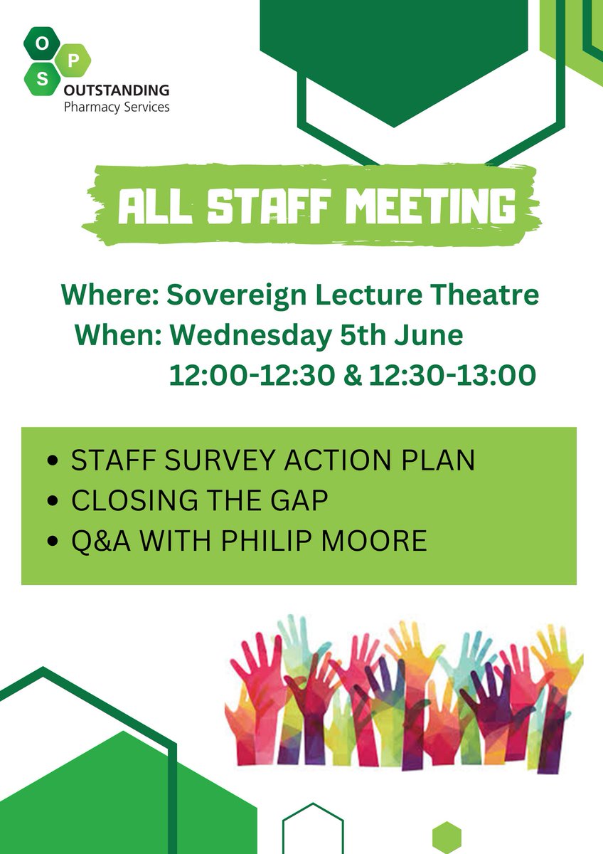 💚Come and join our pharmacy 'All Staff Meeting' tomorrow! 💚Learn more about our pharmacy staff survey action plan🙌, What is 'closing the gap'?💰and a special Q&amp;A with our new interim director of pharmacy Philip Moore💬🤩!
